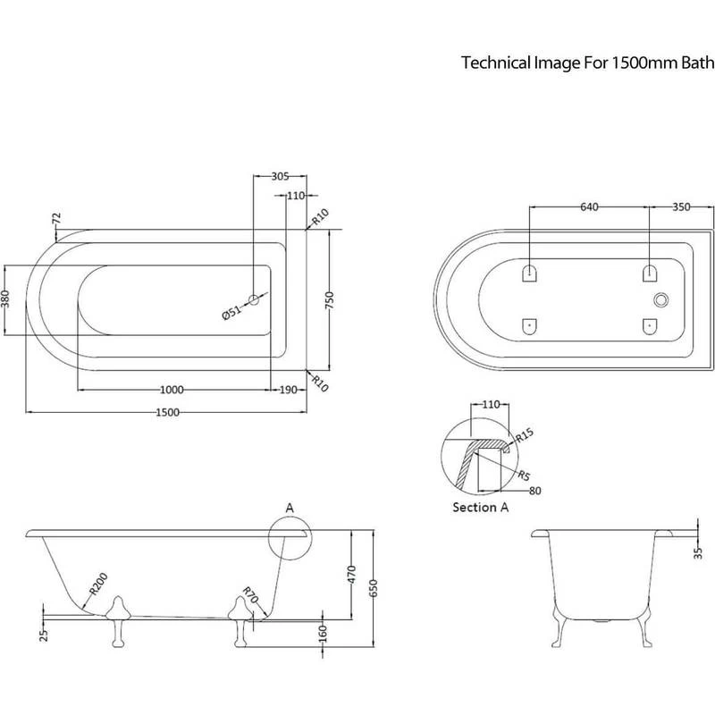 Bayswater 1500mm Single Ended Freestanding Shower Bath 4 Bayswater 1500mm Single Ended Freestanding Shower Bath - Image 2