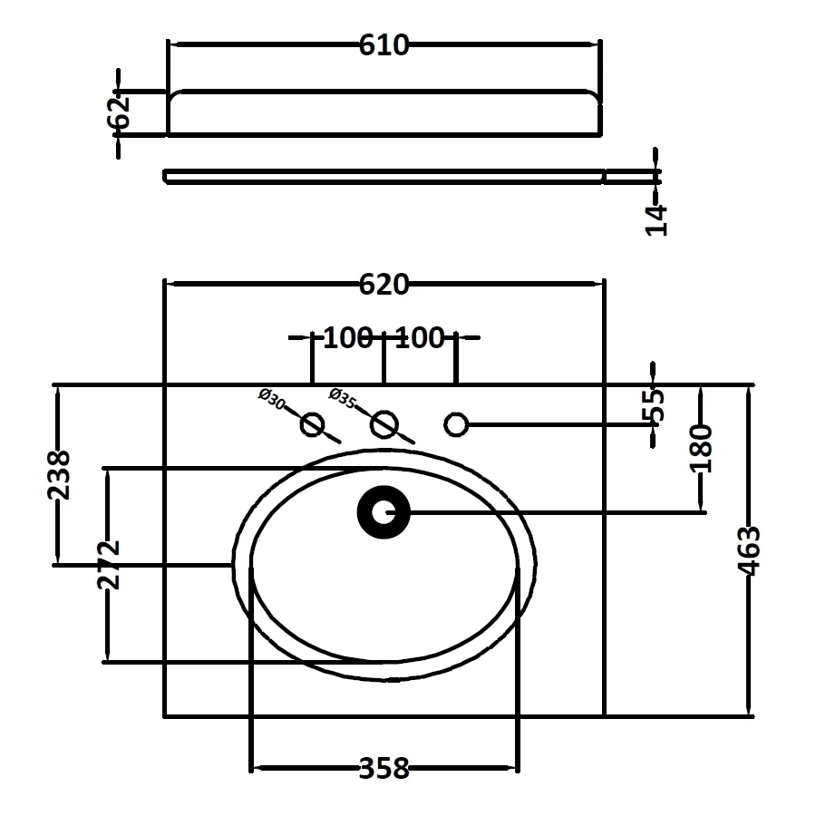 Bayswater Black 600mm Single Bowl 3 Tap Hole Marble Top 4 Bayswater Black 600mm Single Bowl 3 Tap Hole Marble Top - Image 2