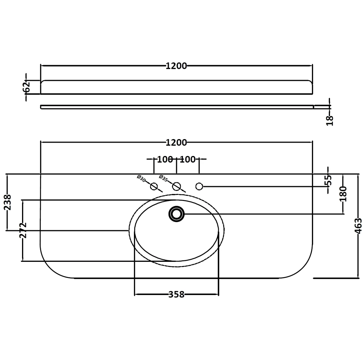 Bayswater Grey 1200mm Single Bowl 3 Tap Hole Curved Marble Top 4 Bayswater Grey 1200mm Single Bowl 3 Tap Hole Curved Marble Top - Image 2