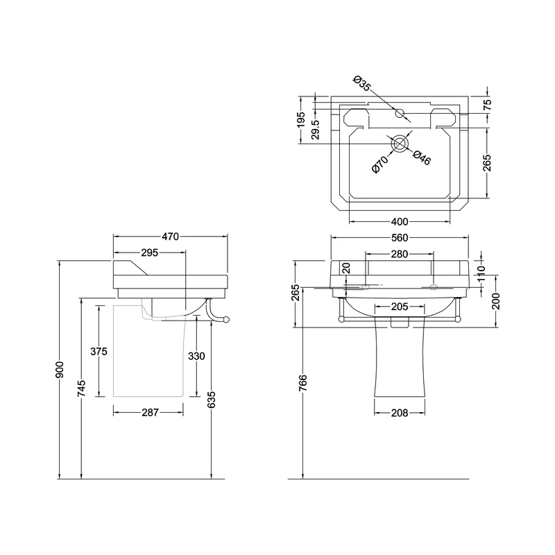 Burlington Edwardian 56cm 2 Hole Basin & Semi Pedestal 4 Burlington Edwardian 56cm 2 Hole Basin & Semi Pedestal - Image 2