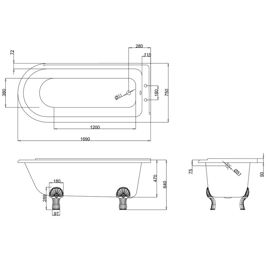 Burlington Hampton 170cm Shower Bath With Black Classic Feet 4 Burlington Hampton 170cm Shower Bath With Black Classic Feet - Image 2