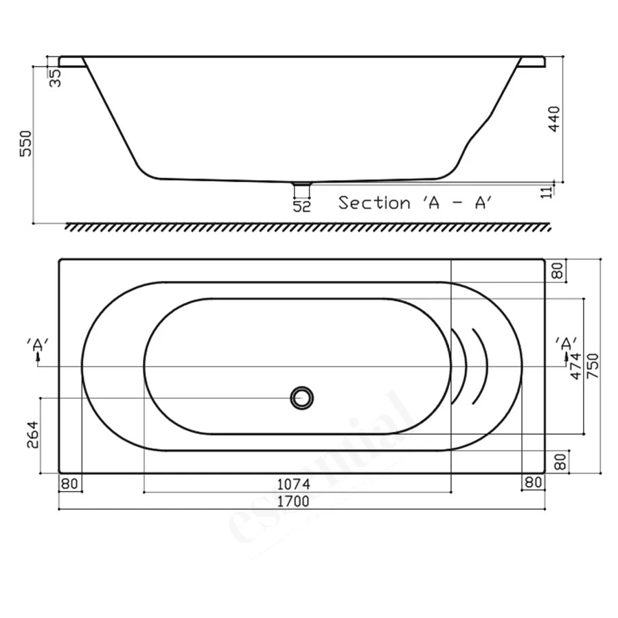 Essential Richmond Rectangular Bath 1700x750mm 0 Tap Holes White 4 Essential Richmond Rectangular Bath 1700x750mm 0 Tap Holes White - Image 2