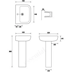 Essential Orchid Pedestal Basin Only 520mm 1 Tap Hole White -Bathroom Promotion essential ec3001 3