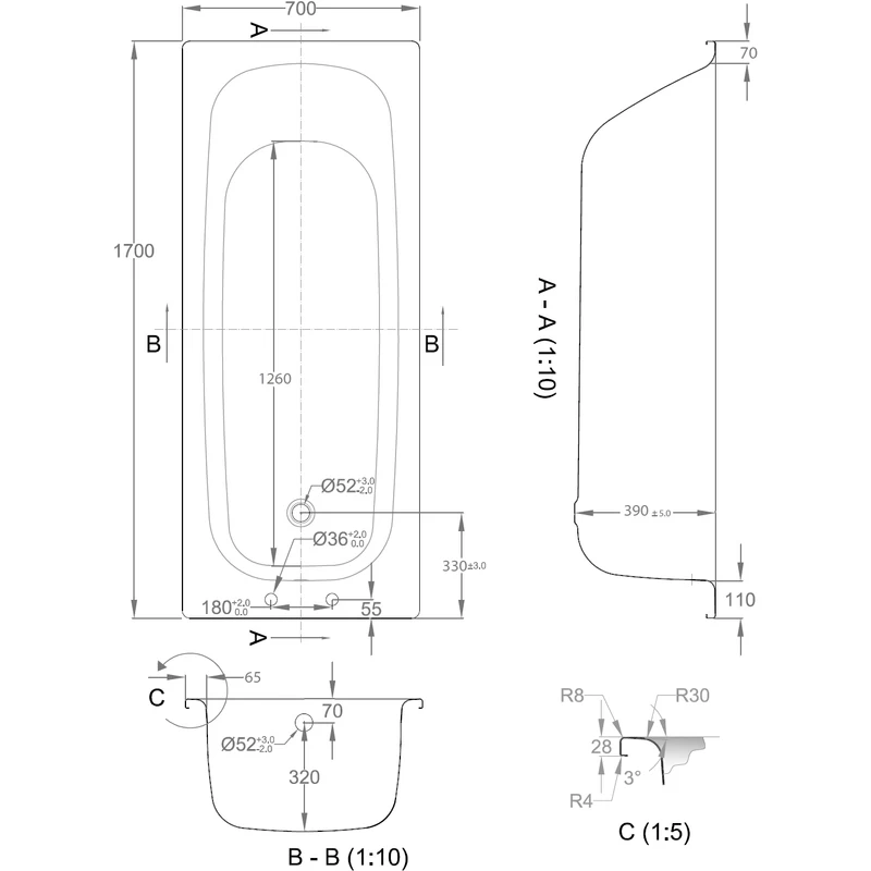Frontline Aquabathe Steel 1700 X 700mm Gripped Antislip Bath 4 Frontline Aquabathe Steel 1700 X 700mm Gripped Antislip Bath - Image 2