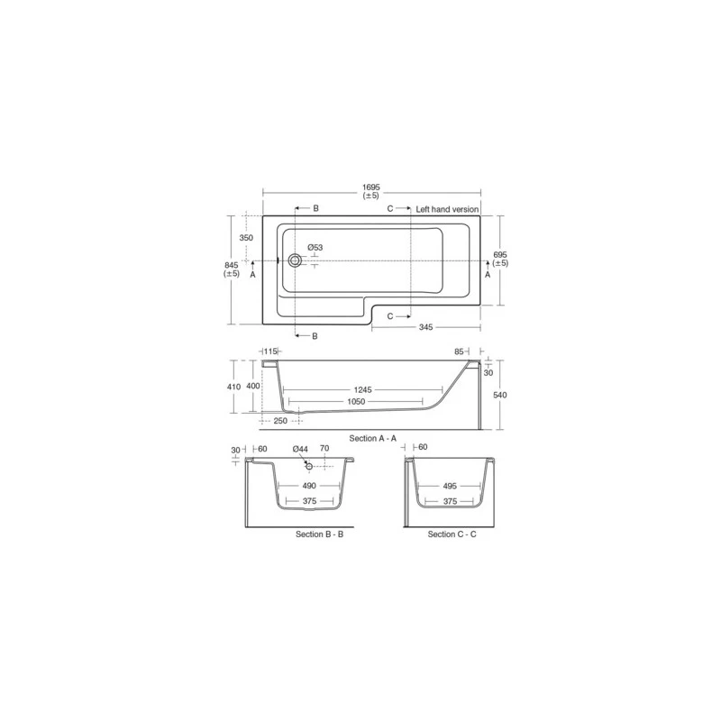 Ideal Standard Tempo Cube 170cm Shower Bath Left Hand E2595 4 Ideal Standard Tempo Cube 170cm Shower Bath Left Hand E2595 - Image 2