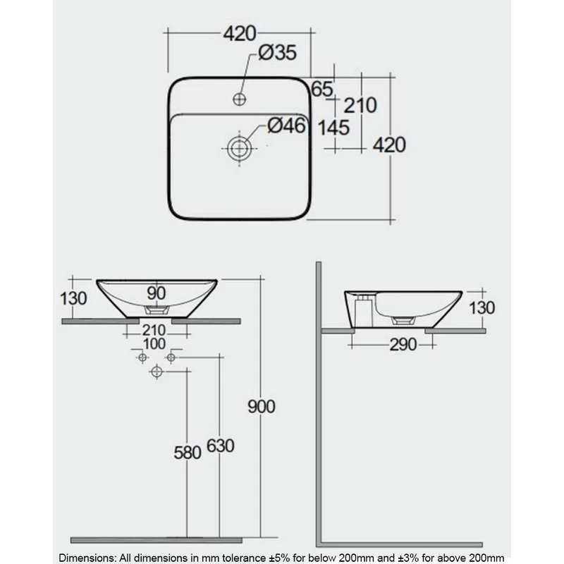 RAK Variant Square Counter Top Basin 42cm 1 Tap Hole 4 RAK Variant Square Counter Top Basin 42cm 1 Tap Hole - Image 2